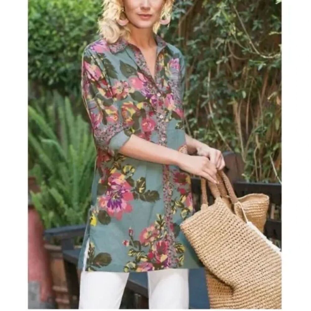 Soft Surroundings Scattered Roses Tunic Top Women's L Teal Pink Floral Long Boho